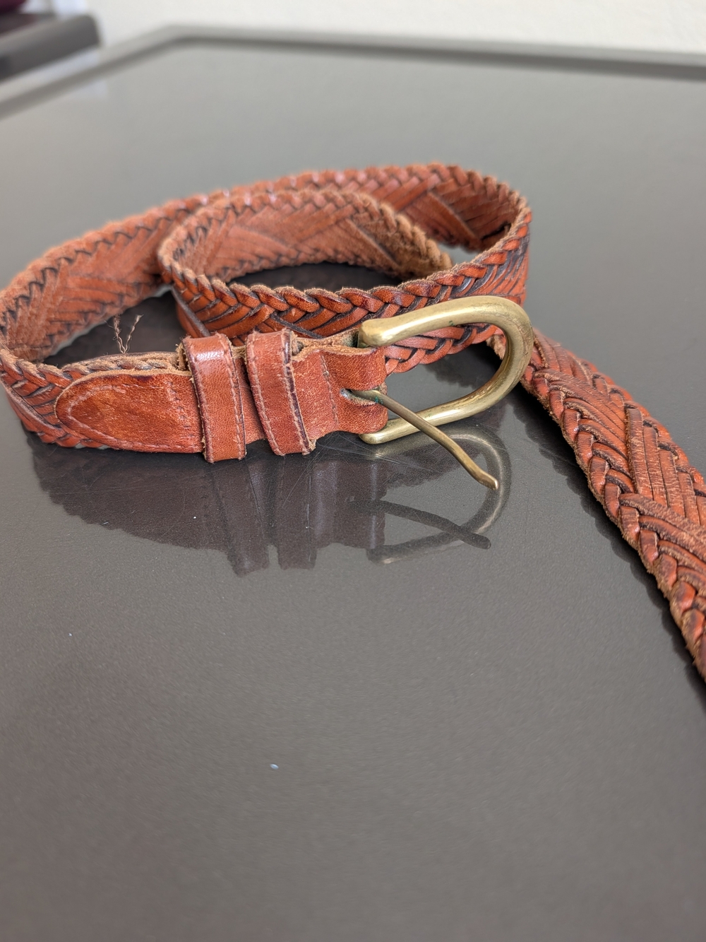Vintage Fossil Unisex 1” wide Brown Genuine Leather Braided Belt -Size Small